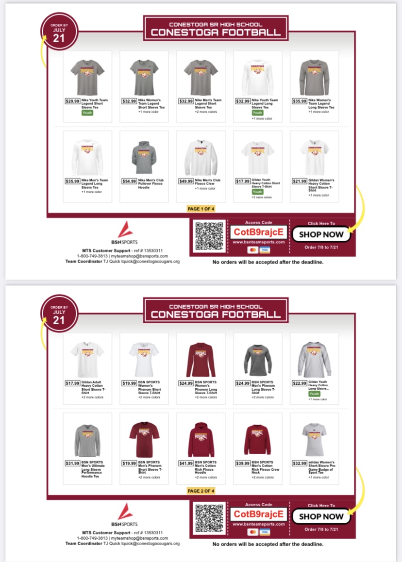 Conestoga Activities (@conestogaad) on Twitter photo 🏈 Who is ready for football season? 🏈 Order your Cougar Football gear early and be ready for the fall season! Hurry! The football merch shop closes July 21st!
Questions can be directed to: tquick@conestogacougars.org
bsnteamsports.com/shop/CotB9rajcE 🏈 Who is ready for football season? 🏈 Order your Cougar Football gear early and be ready for the fall season! Hurry! The football merch shop closes July 21st!
Questions can be directed to: tquick@conestogacougars.org
bsnteamsports.com/shop/CotB9rajcE