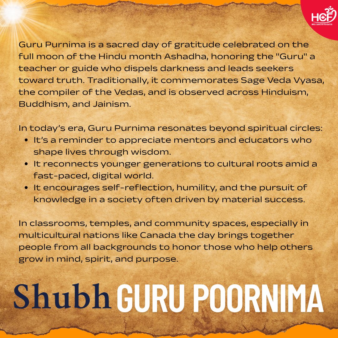 officialHinduCF's tweet image. Guru Purnima is a sacred day of gratitude celebrated on the full moon of the Hindu month Ashadha, honoring the &quot;Guru&quot; a teacher or guide who dispels darkness and leads seekers toward truth. Traditionally, it commemorates Sage Veda Vyasa, the compiler of the Vedas, and is observed…