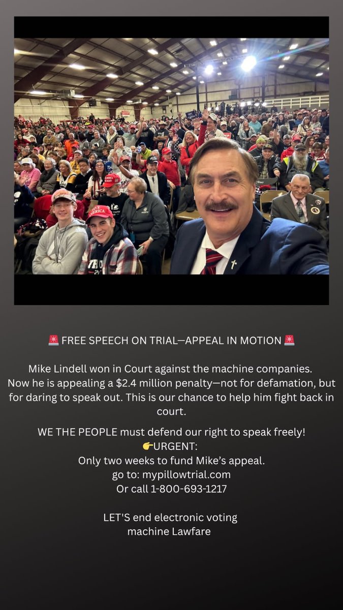 Lindell Offense Fund (@reallindellfund) on Twitter photo 🚨FREE SPEECH ON TRIAL—APPEAL IN MOTION🚨
The <a href="/realMikeLindell/">Mike Lindell</a> won in court against the machine companies. Now he is appealing a $2.4 million penalty-not for defamation, but for daring to speak out. This is our chance to help him fight back in court! WE THE PEOPLE must defend 🚨FREE SPEECH ON TRIAL—APPEAL IN MOTION🚨
The <a href="/realMikeLindell/">Mike Lindell</a> won in court against the machine companies. Now he is appealing a $2.4 million penalty-not for defamation, but for daring to speak out. This is our chance to help him fight back in court! WE THE PEOPLE must defend