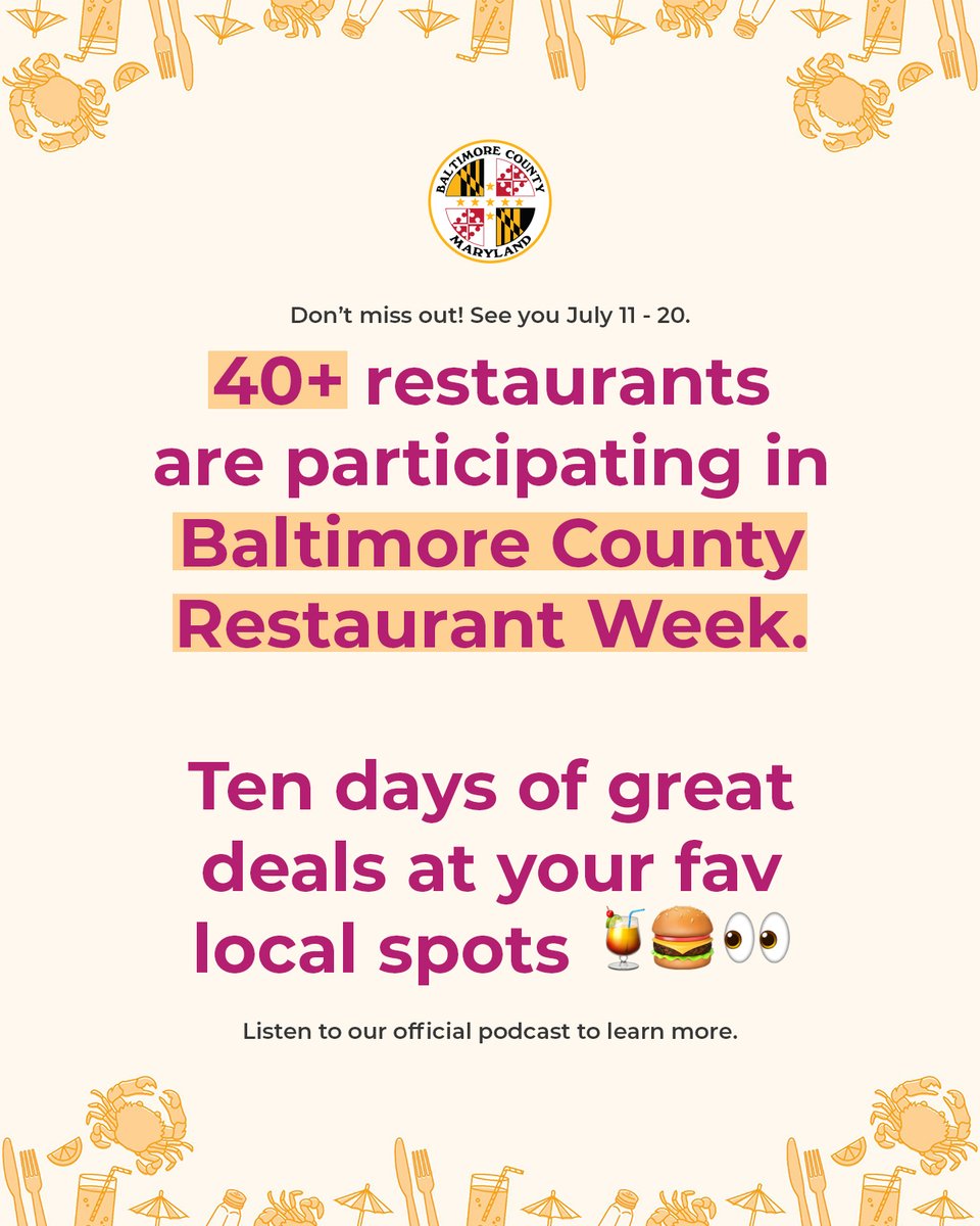 BaltCoGov's tweet image. Enjoy ten days of great deals on meals all across Baltimore County during Summer Restaurant Week, starting TOMORROW! 🍔👀
Interested in learning more? Check out the latest episode of our official podcast, The County at thecounty.fireside.fm/14 🎙️