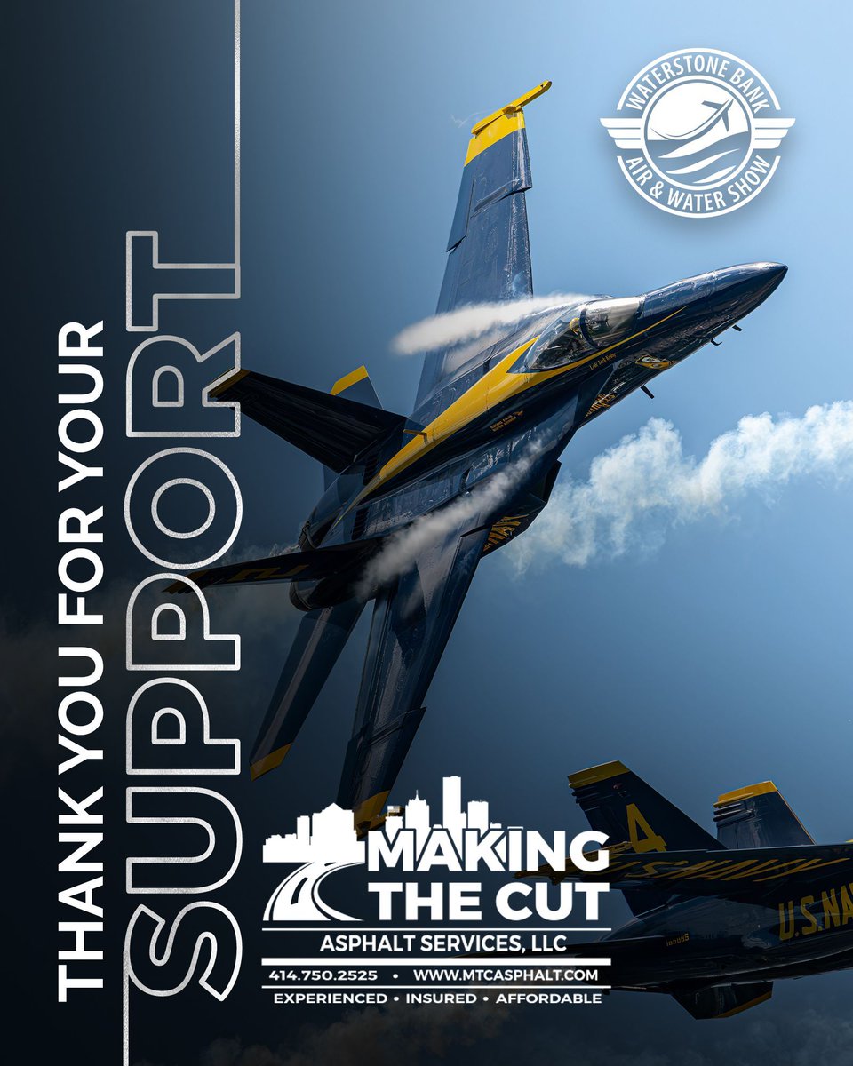 WaterStone Bank Air & Water Show (@mkeairandwater) on Twitter photo The <a href="/WaterStoneBank/">WaterStone Bank</a> Air & Water Show team extends its heartfelt thanks to Making The Cut Asphalt Services for their generous support. The show wouldn’t be possible without you!
#ThankYou #Milwaukee #Summer #Sponsor #AirShow #Navy #Aviation #Boating #Pilots #Event #FamilyFun The <a href="/WaterStoneBank/">WaterStone Bank</a> Air & Water Show team extends its heartfelt thanks to Making The Cut Asphalt Services for their generous support. The show wouldn’t be possible without you!
#ThankYou #Milwaukee #Summer #Sponsor #AirShow #Navy #Aviation #Boating #Pilots #Event #FamilyFun