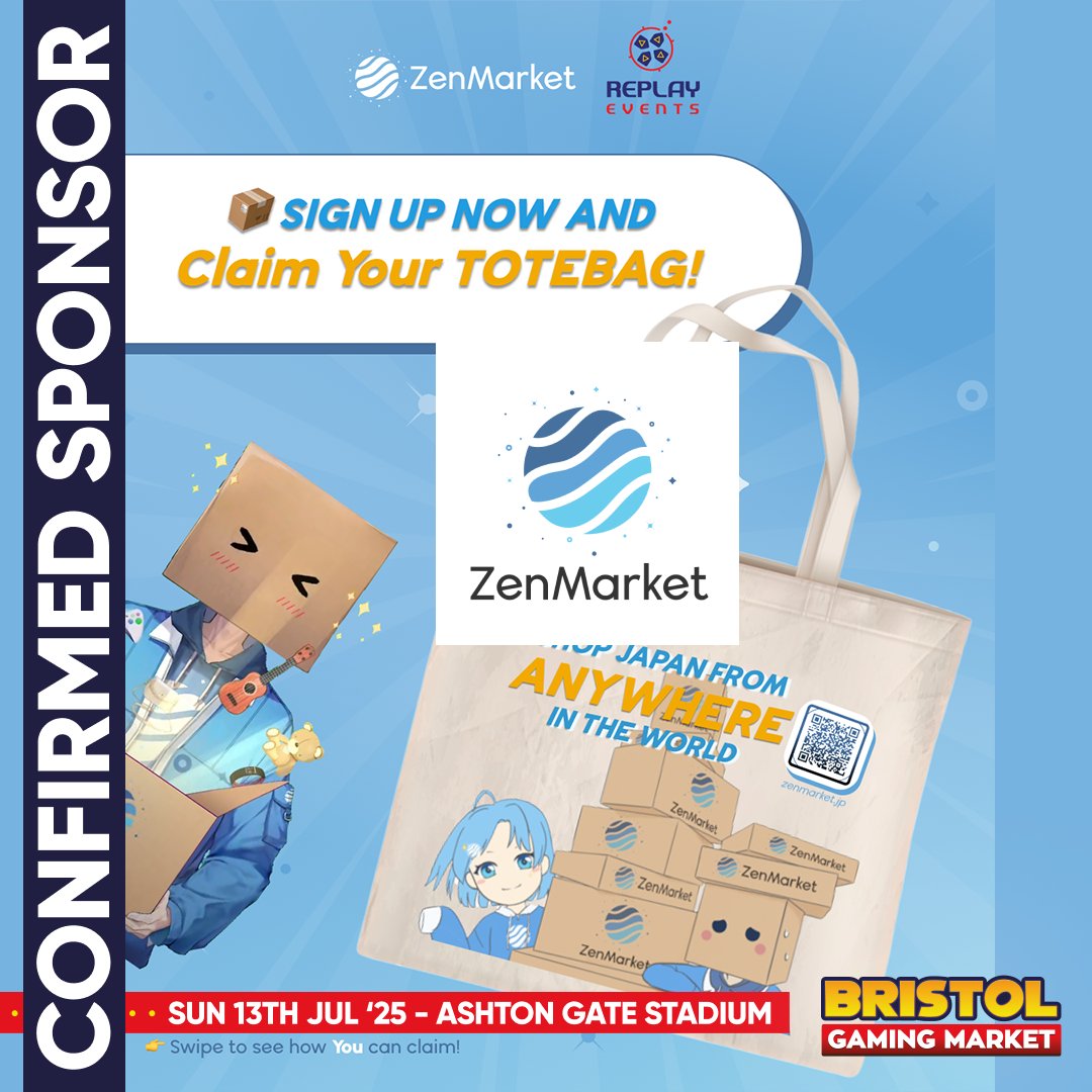 TheVGMarket's tweet image. Sponsors @zenmarket_en are bringing exclusive perks on Sunday to Bristol, like FREE tote bags, scratch cards with money off shipping fees &amp;amp; bonus credit with sign up code REPLAY 💸 ZenMarket makes shopping direct from Japan easy 👉 go.zenmarket.jp/replayevents 🔥

#BristolGamingMarket
