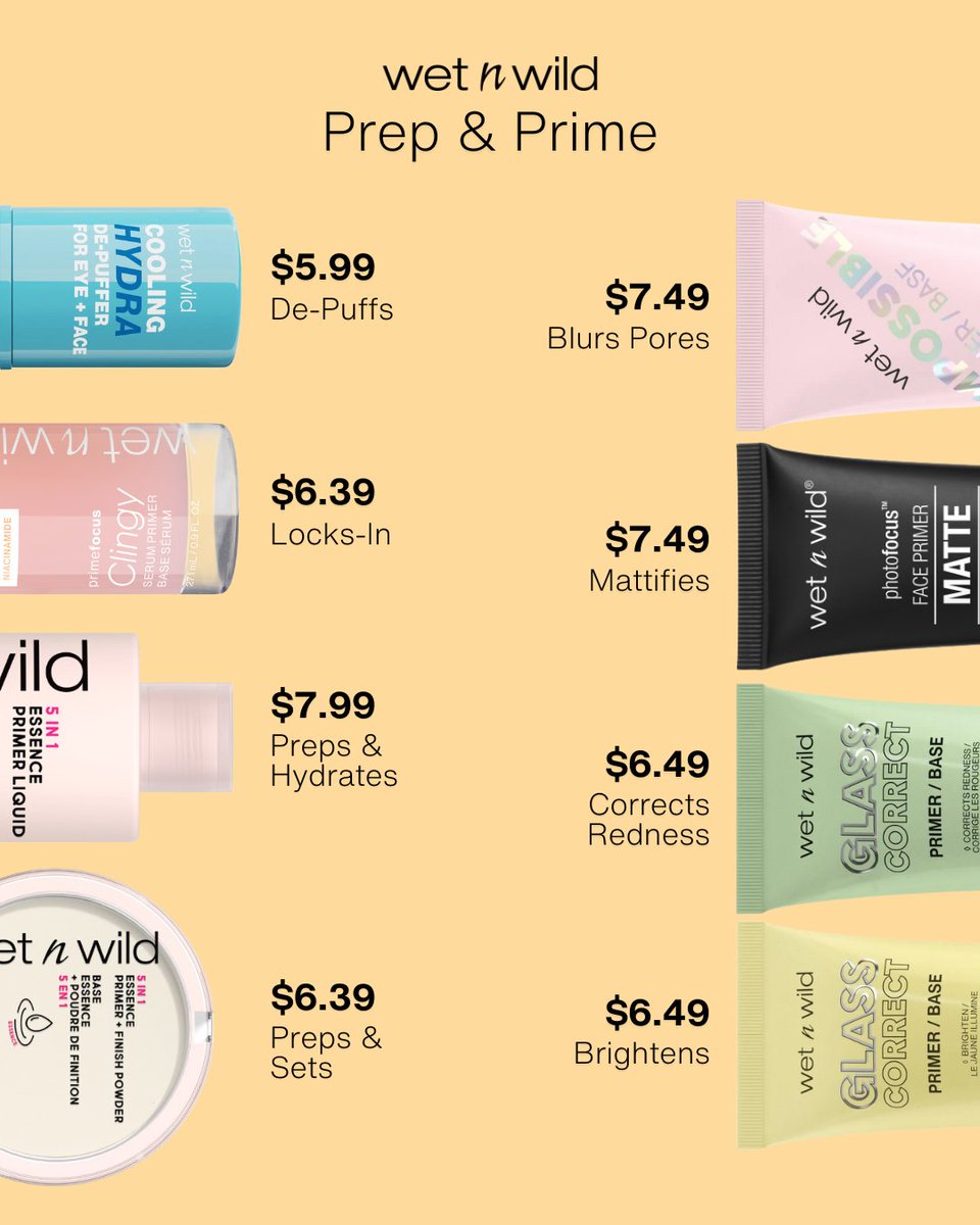 wet n wild beauty (@wetnwildbeauty) on Twitter photo Your skin’s best kept (affordable) secret? ✨Primer ✨
Hydrating, mattifying, blurring, and skin-nourishing, these primers lock in your glam and deliver high-end results 💁♀️
Shop @walmart @target @walgreens <a href="/cvspharmacy/">CVS Pharmacy</a> <a href="/fivebelow/">Five Below</a> <a href="/amazon/">Amazon</a> & wetnwildbeauty.com Your skin’s best kept (affordable) secret? ✨Primer ✨
Hydrating, mattifying, blurring, and skin-nourishing, these primers lock in your glam and deliver high-end results 💁♀️
Shop @walmart @target @walgreens <a href="/cvspharmacy/">CVS Pharmacy</a> <a href="/fivebelow/">Five Below</a> <a href="/amazon/">Amazon</a> & wetnwildbeauty.com