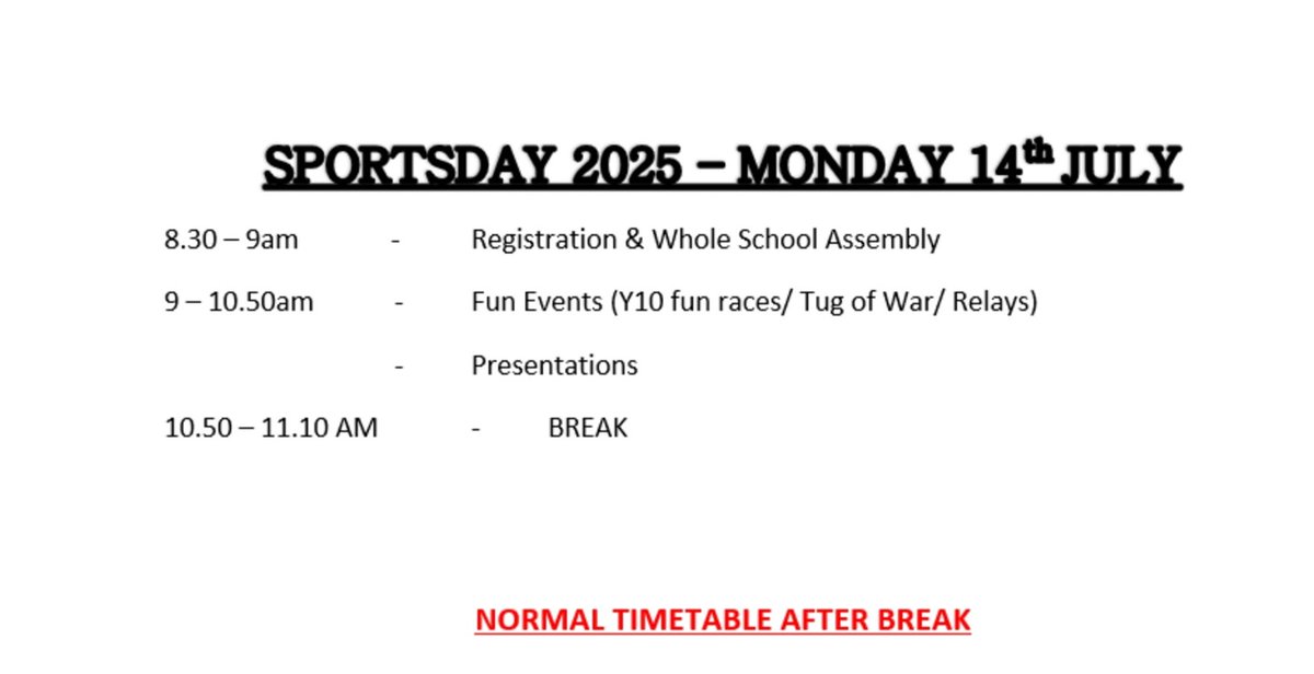 PE_BFS (@pe_bfs) on Twitter photo Please see photos below for timetable & details for <a href="/Brynmawr_school/">Brynmawr Foundation School</a> whole school Sports Day tomorrow.
*There will be a designated area for parent/carer viewing on top of the bunker but please do not arrive before 10am & exit the site by lunch at 12.10pm π’π΄π΅ <a href="/missridout_pe/">Mrs James PE</a> Please see photos below for timetable & details for <a href="/Brynmawr_school/">Brynmawr Foundation School</a> whole school Sports Day tomorrow.
*There will be a designated area for parent/carer viewing on top of the bunker but please do not arrive before 10am & exit the site by lunch at 12.10pm π’π΄π΅ <a href="/missridout_pe/">Mrs James PE</a>