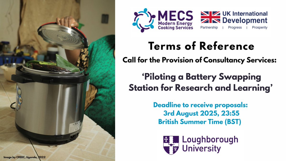 🚀Launching New ToR: 
'Piloting a #Battery Swapping Station for research and learning'.
See Terms of Reference &amp; how to apply⬇️ mecs.org.uk/terms-of-refer…
⌛️Deadline: 3rd Aug 2025, 23:55 BST
#eCooking
