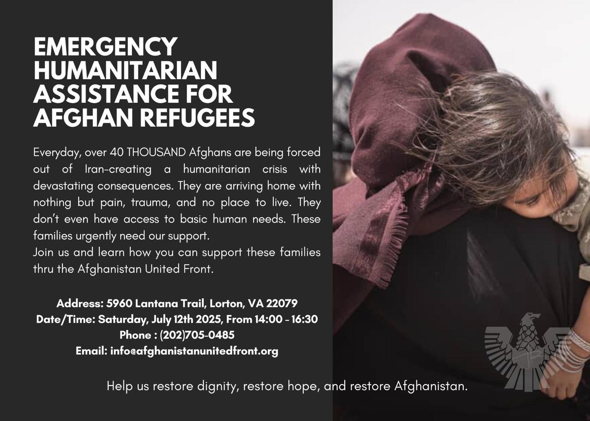 SayedSamiSadat's tweet image. Dear Afghans, US friends and Veterans!
Please join us for a fundraising event held at AUF house this Saturday Julys 12 at 1400 to show unity and solidarity for Afghans who are being mass deported by Iran after the 12 days war with Isreal. It’s a just cause you can help with as…