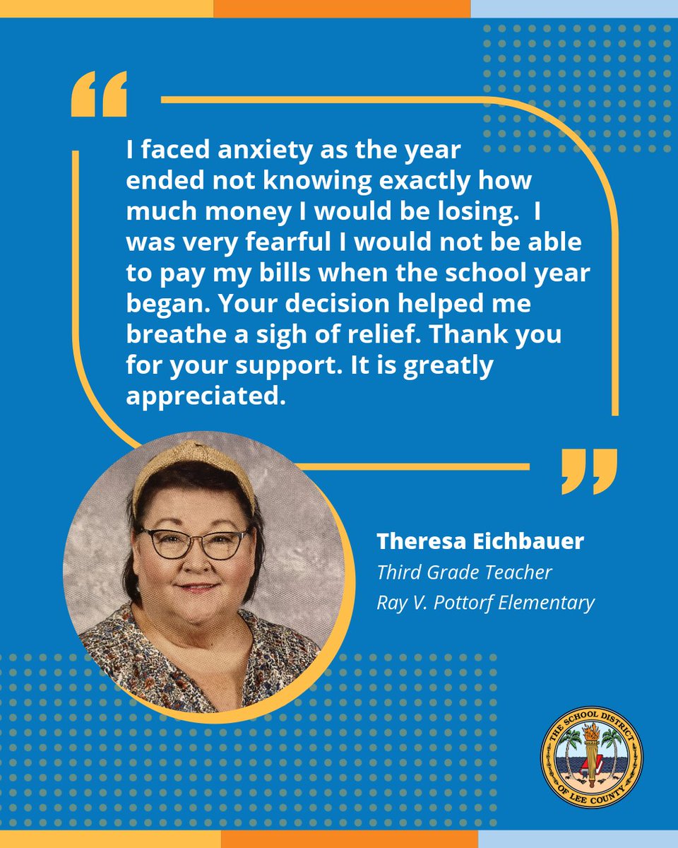 LeeSchools's tweet image. Teachers like Theresa Eichbauer are why the School District is offering incentives to teach critical subjects at critical need schools. Learn how to earn as much as an extra $9,000 at leeschools.net/cms/one.aspx?p…