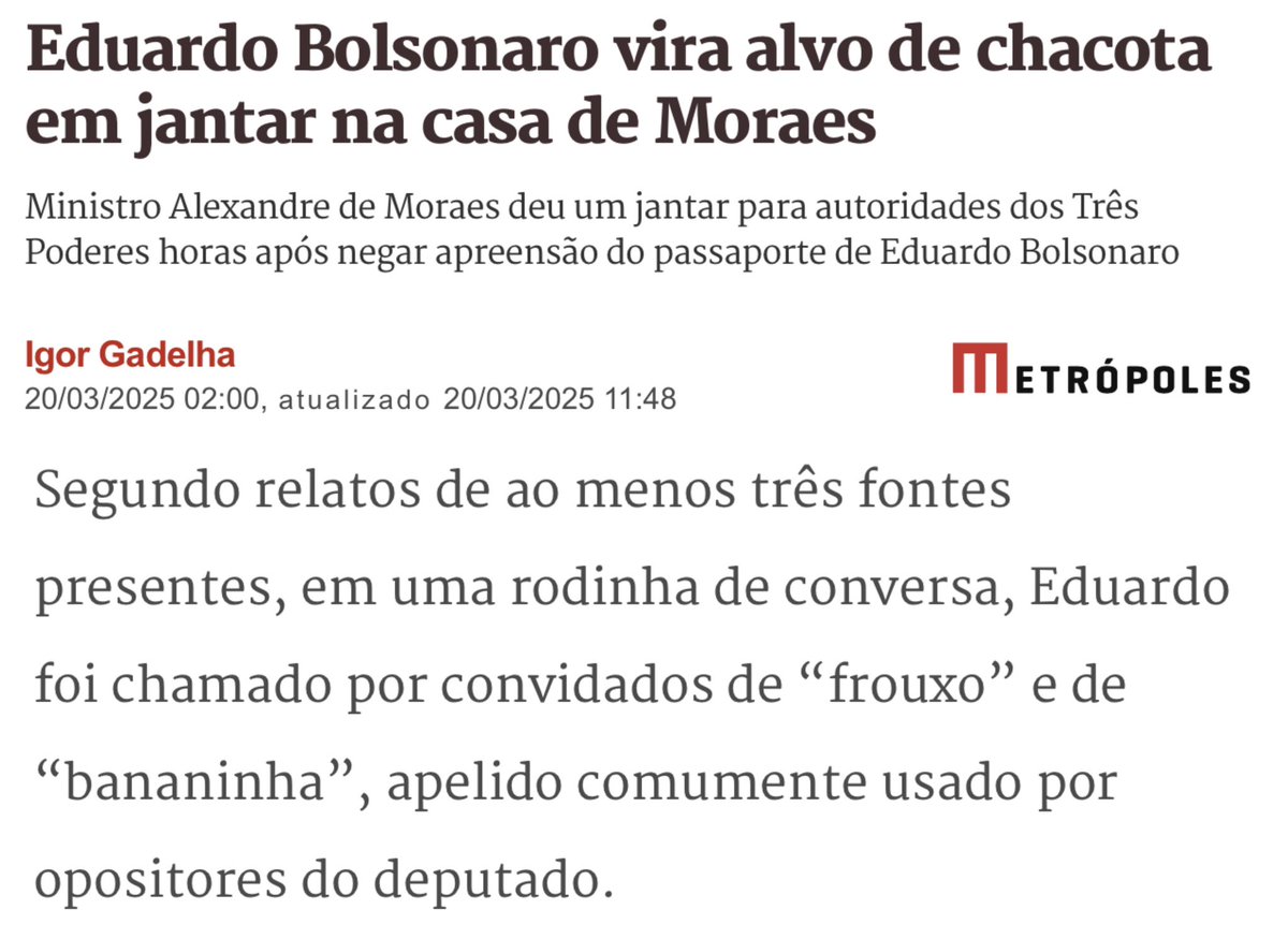 Eduardo Bolsonaro๐ง๐ท (@bolsonarosp) on Twitter photo Quero ver se o Moraes รฉ, como alguns acham, CORAJOSO. Eu o desafio publicamente a fazer com <a href="/realDonaldTrump/">Donald J. Trump</a> igual ele fez comigo, com <a href="/elonmusk/">Elon Musk</a> ou <a href="/allanconta5/">Allan Dos Santos</a>:
BOTE TRUMP NUM INQUรRITO, INTIME-O, EXPEรA MANDADO DE PRISรO E DEPOIS MANDE TRUMP PARA LISTA DA INTERPOL. Vamos lรก Quero ver se o Moraes รฉ, como alguns acham, CORAJOSO. Eu o desafio publicamente a fazer com <a href="/realDonaldTrump/">Donald J. Trump</a> igual ele fez comigo, com <a href="/elonmusk/">Elon Musk</a> ou <a href="/allanconta5/">Allan Dos Santos</a>:
BOTE TRUMP NUM INQUรRITO, INTIME-O, EXPEรA MANDADO DE PRISรO E DEPOIS MANDE TRUMP PARA LISTA DA INTERPOL. Vamos lรก