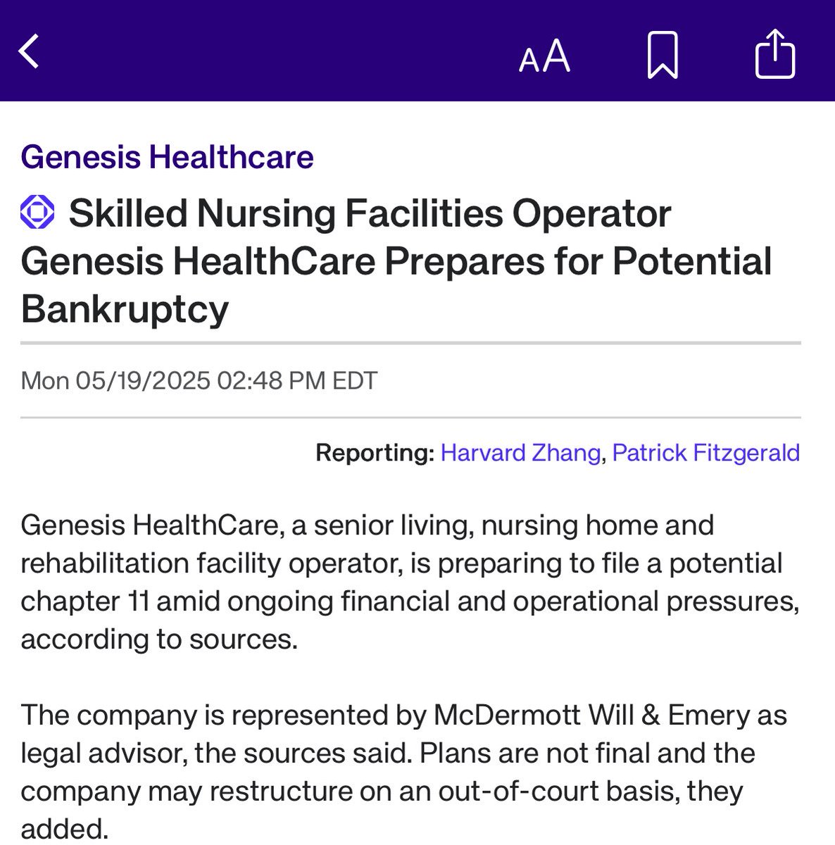 Genesis HealthCare filed for Ch. 11 bankruptcy protection last night. We at <a href="/OctusCredit/">Octus</a> first reported that the company was preparing to file on May 19, citing sources.