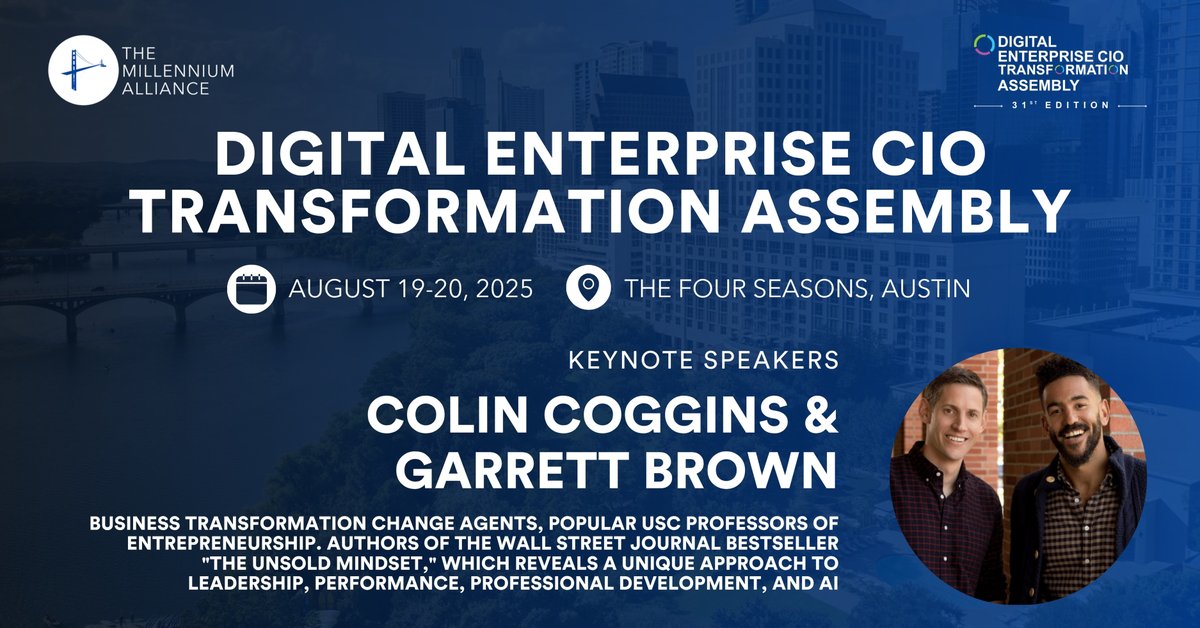 The Millennium Alliance (@mill_all) on Twitter photo We’re thrilled to welcome Colin Coggins & Garrett Brown as keynote speakers at our Digital Enterprise CIO Transformation Assembly, Aug 19–20 in Austin! Authors of The Unsold Mindset, they bring bold insights on leadership, AI & innovation. Learn more: 
go.mill-all.com/det31keynoteup… We’re thrilled to welcome Colin Coggins & Garrett Brown as keynote speakers at our Digital Enterprise CIO Transformation Assembly, Aug 19–20 in Austin! Authors of The Unsold Mindset, they bring bold insights on leadership, AI & innovation. Learn more: 
go.mill-all.com/det31keynoteup…