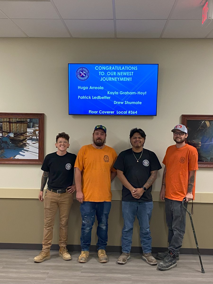 Join us in celebrating 4 brand new floor coverer Journeymen out of our Greenwood training center! Congratulations to Kayla, Drew, Hugo, and Patrick - and good luck as you venture out into your careers as UNION floorlayers 🤩💪

#CMWCarpenters #BuildWithUs #UnionStrong