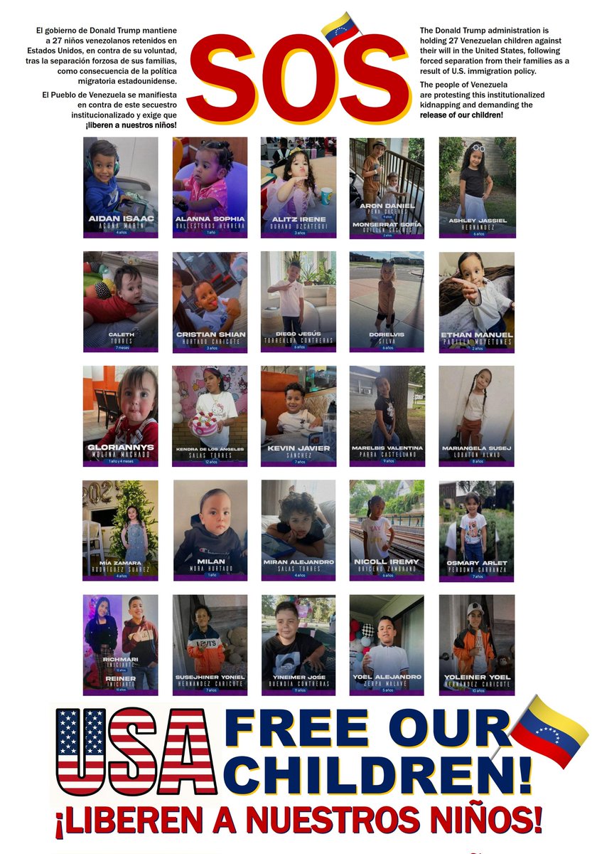 The Trump administration is holding 27 Venezuelan children against their will in the US, having separated them from their families under its immigration policy. 

The People of Venezuela are protesting this institutionalized kidnapping and demanding the release of our children!