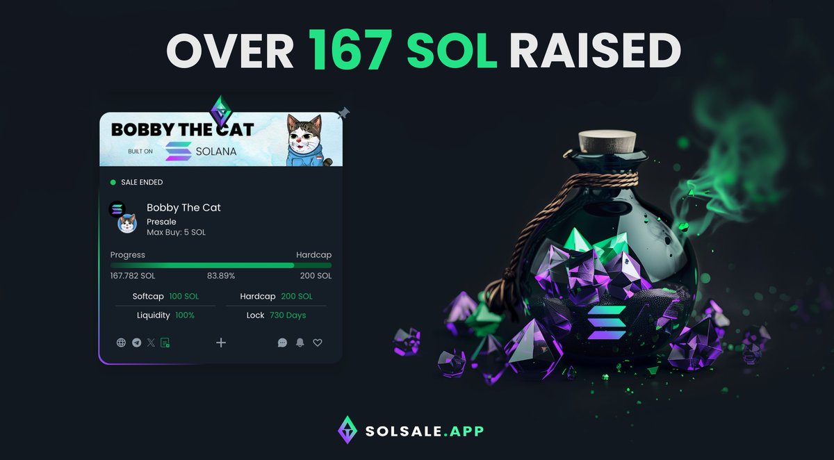 👏 Huge congratulations to <a href="/Bobby_Ktngr/">Bobby The Cat - $BTc</a> team on their successful presale where they raised over 167 <a href="/solana/">Solana</a> 💰

✅ You will be able to claim your tokens at launch here: solsale.app/presale/9tqGCG…

We wish the team a lot of success! 🥳
_
Please Note: This project does not have a KYC,