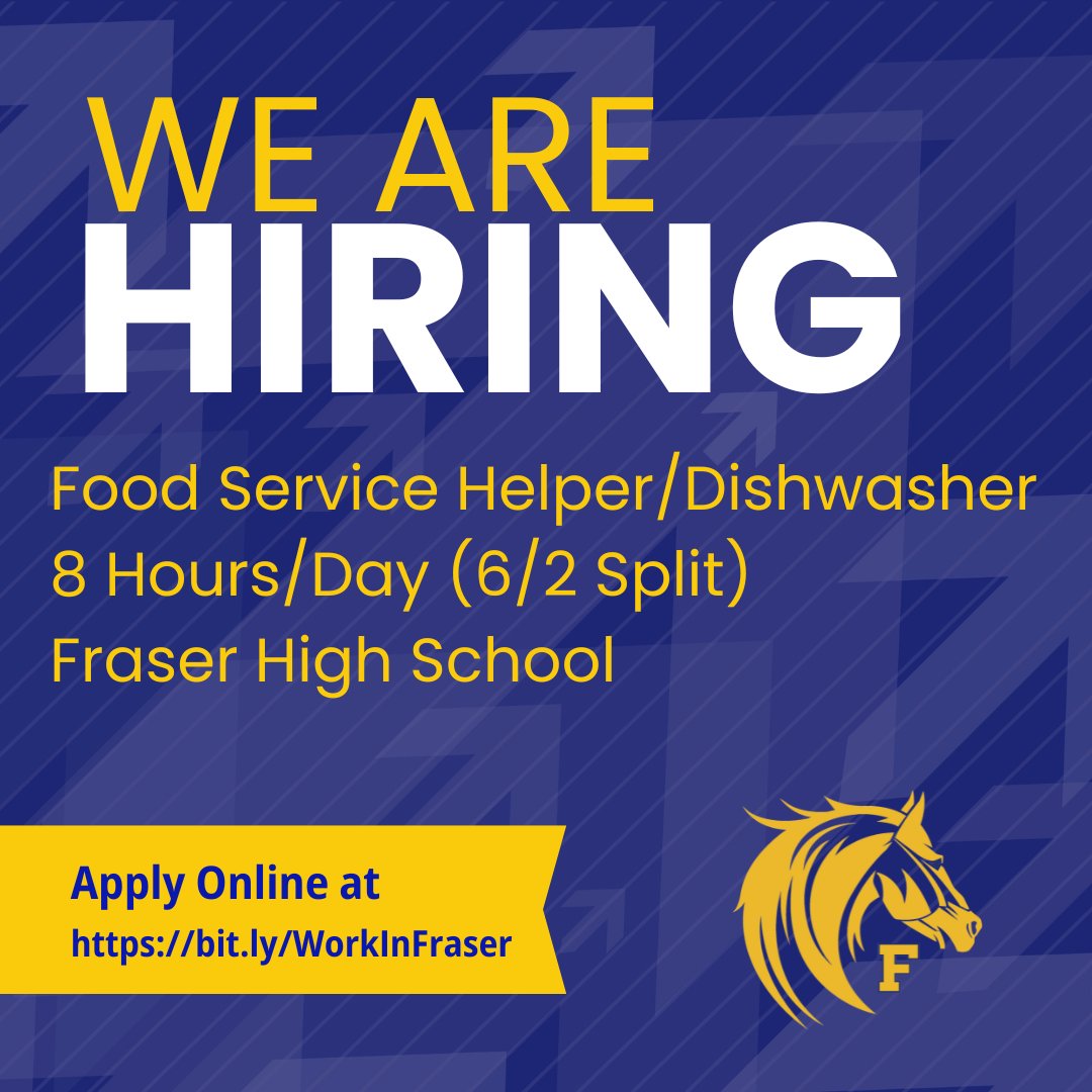 🍽️ We’re Hiring! 🍽️
Fraser High School is looking for a Food Service Helper/Dishwasher to join our team!
✅ HS Diploma/GED
✅ Serve Safe certified (within 45 days)
✅ Meet USDA &amp; health standards
✅ Friendly &amp; dependable
👉bit.ly/WorkInFraser