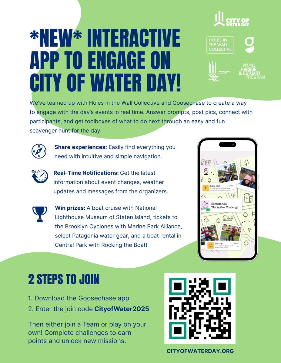 Hoboken_FBW's tweet image. Experience City of Water Day with an interactive app to share experiences and win prizes! Participants can post pictures, connect with others, and learn about waterways through a fun scavenger hunt. Use code "CityofWater2025" here: goosechase.com/download
#CityOfWaterDay2025
