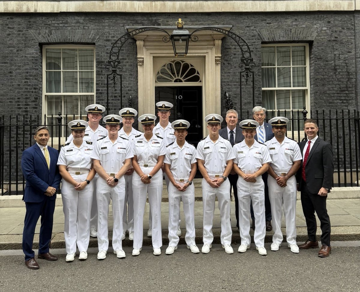 NavalAcademy's tweet image. Our cyber midshipmen were granted special access to the UK Prime Minister’s residential security area for a group photo. Now in Cambridge, the mids are diving into discussions on cybersecurity, AI, and quantum computing developments at Cambridge University.