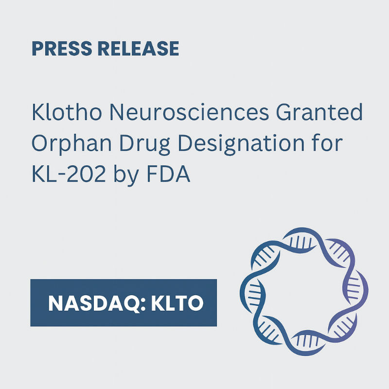 KlothoNeuroSci's tweet photo. Klotho Neurosciences $KLTO announced today that the U.S. Food and Drug Administration (FDA) has granted Orphan Drug Designation to the company's novel secreted-Klotho (s-KL) promoter, gene and delivery system (KLTO-202, or s-KL-AAV.myo) for the treatment of ALS.