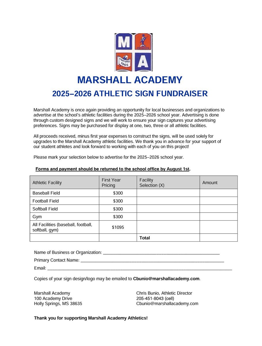 Marshall Academy is gearing up for another exciting year of athletics, and we need YOUR support! We will be reaching out to the businesses that had signs last year to renew your sponsorship. If you already know you’d like to renew, feel free to email me directly to confirm.