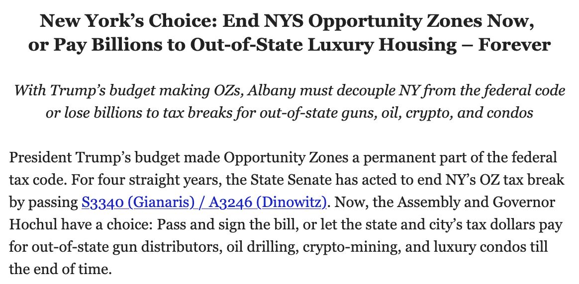 ReinventAlbany's tweet image. Trump&apos;s Opportunity Zone tax break is now permanent. The Governor and Assembly can follow the State Senate&apos;s lead and end NY&apos;s OZ tax break, or subsidize out-of-state luxury housing – forever.

Our statement:

buff.ly/FUDMZxS