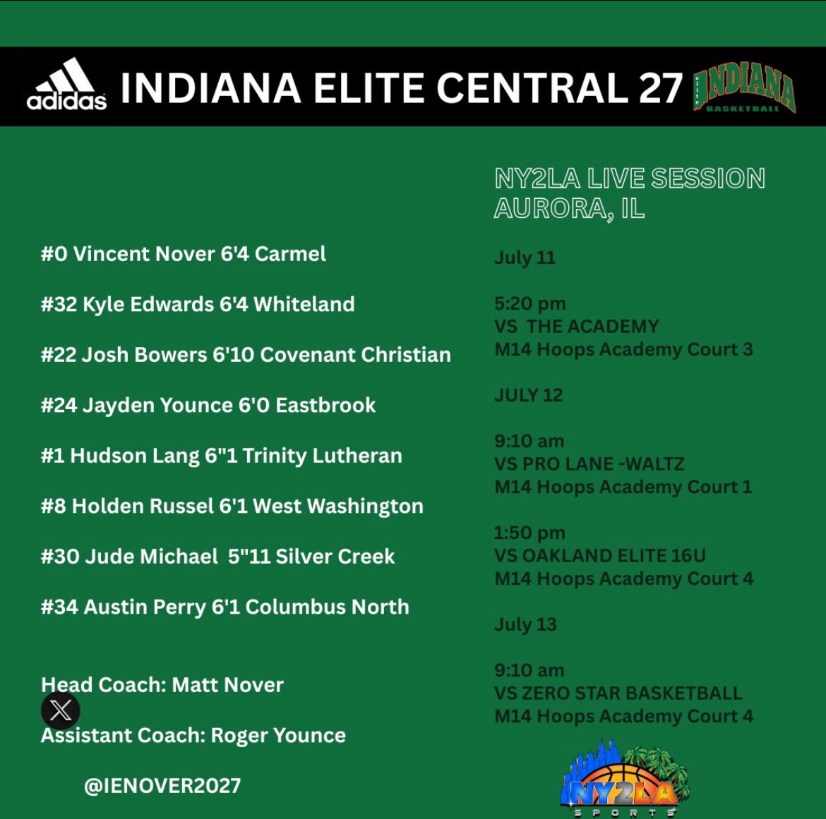 my schedule for the <a href="/ny2lasports/">NY2LA SPORTS</a> live event with <a href="/IENover2027/">Indiana Elite Central 2027</a>. can’t wait to get out and compete. <a href="/e_r_a_sports/">ERA SPORTS</a> <a href="/BRamseyKSR/">Brandon Ramsey</a> <a href="/kylerstaley/">Kyler Staley</a> <a href="/UndiscoverHoops/">Undiscovered Recruits</a> <a href="/Coach_Brum/">Kyle Brumett</a> <a href="/CoachEtling/">Jim Etling</a> <a href="/coachsizemore1/">Evan Sizemore</a> <a href="/PrepHoopsIN/">Prep Hoops Indiana</a> <a href="/TL_CougarHoops/">Trinity Lutheran Cougar Basketball</a>