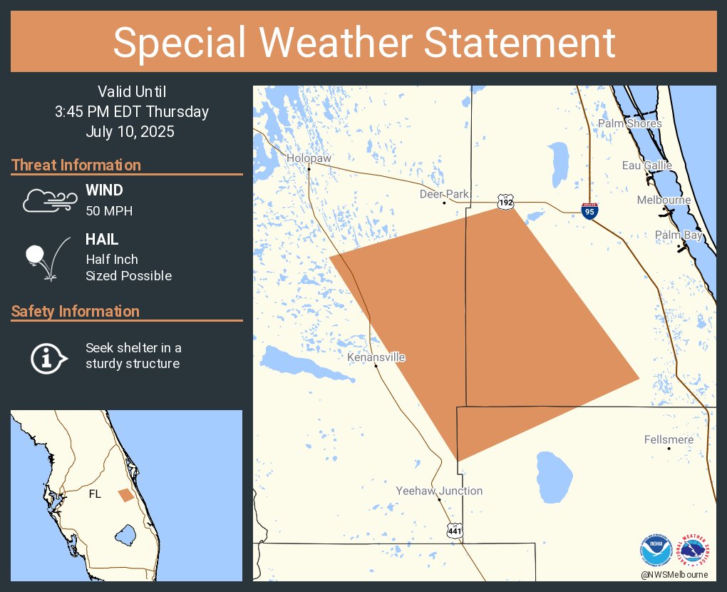 A special weather statement has been issued for Brevard County, FL until 3:45 PM EDT
