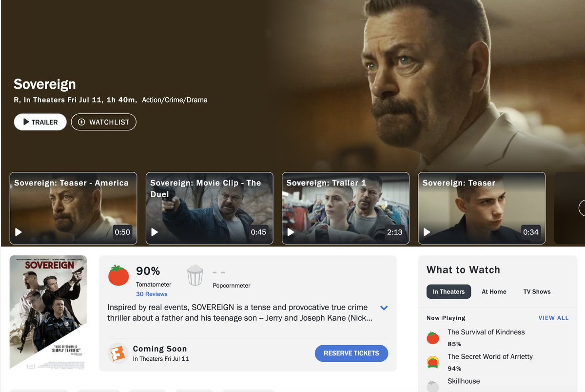 Sovereign (@sovereignmov) on Twitter photo Critics are raving about 'Sovereign', which currently has a 90% on Rotten Tomatoes with 27/30 reviews coming in fresh.
Sovereign is in theaters and available to own or rent at home TOMORROW 🔥 <a href="/Nick_Offerman/">Nick Offerman</a> <a href="/BriarcliffEnt/">Briarcliff Entertainment</a> Critics are raving about 'Sovereign', which currently has a 90% on Rotten Tomatoes with 27/30 reviews coming in fresh.
Sovereign is in theaters and available to own or rent at home TOMORROW 🔥 <a href="/Nick_Offerman/">Nick Offerman</a> <a href="/BriarcliffEnt/">Briarcliff Entertainment</a>