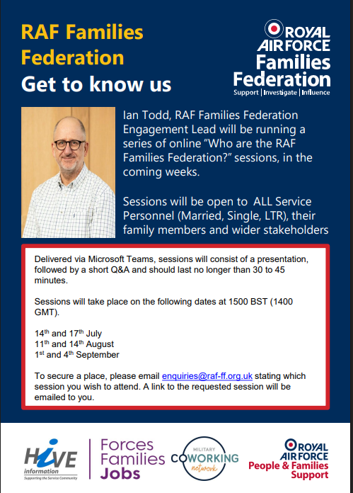💻Want to know more about your Families Federation?💻
Find out:
🔹Why we exist
🔹How we can help YOU
🔹How we help the RAF community
To register, email: enquiries<a href="/raf/">raf</a>-ff.org.uk
@RAF HIVE @RAFFamilesFederation