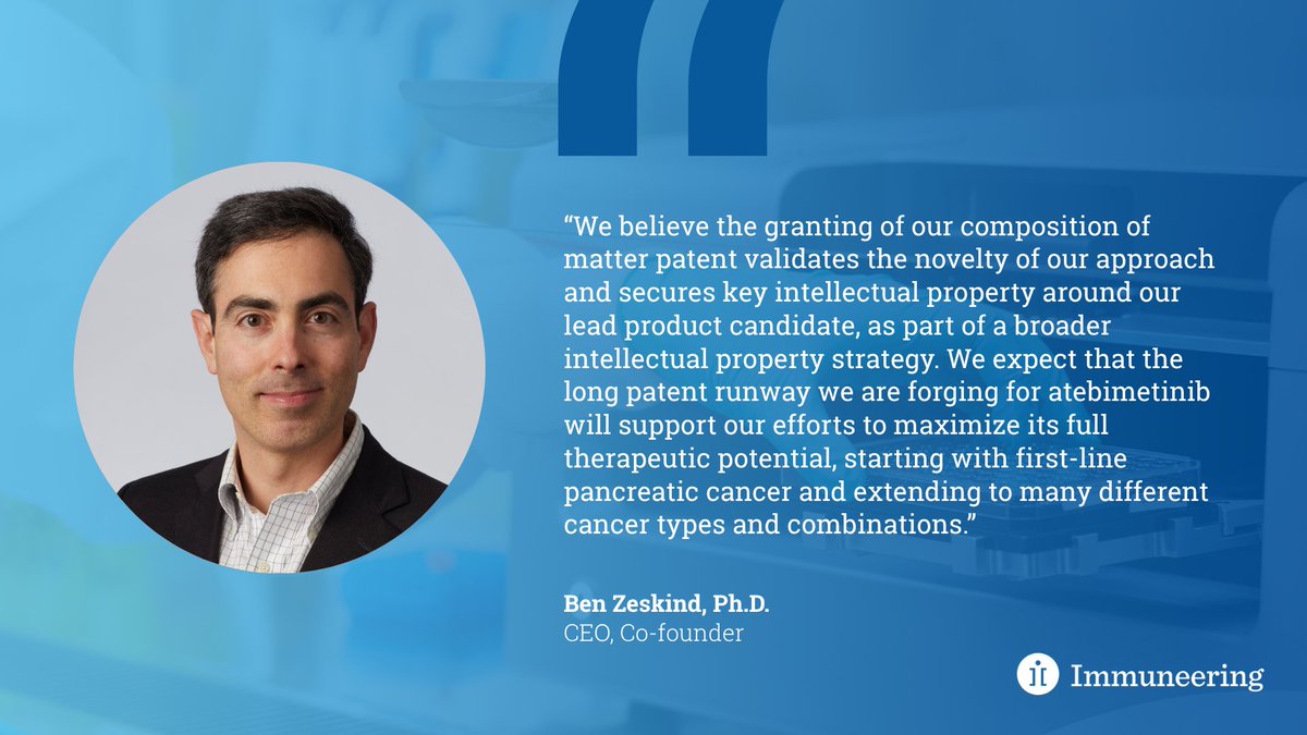 Immuneering's tweet image. We are pleased to share that the USPTO has granted a composition of matter patent for our lead product candidate, marking the first U.S. patent granted on a deep cyclic inhibitor. For details, see our press release: ir.immuneering.com/news-releases/…