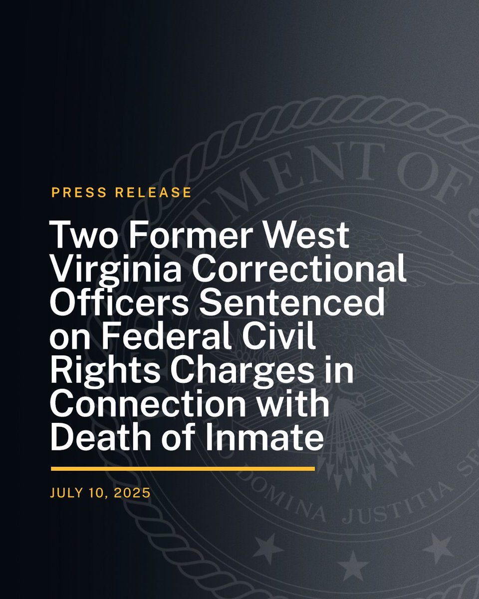 CivilRights's tweet image. Two Former West Virginia Correctional Officers Sentenced on Federal Civil Rights Charges in Connection with Death of Inmate
🔗: justice.gov/opa/pr/two-for…