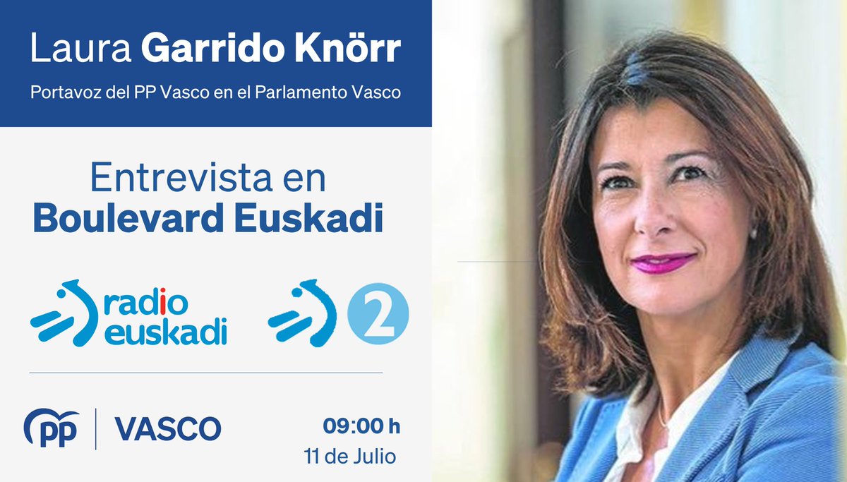 🔵 Mañana viernes 11 de julio a partir de las 9:00h no te pierdas la entrevista de <a href="/lgarridoknorr/">Laura Garrido Knörr</a>  en <a href="/Boulevardeitb/">Boulevard Radio Euskadi</a> de  <a href="/radioeuskadi/">Radio Euskadi</a>
. 
Puedes seguirlo #EnDirecto haciendo click a continuación:

📺eitb.eus/es/television/…
📻guau.eus/st/radio-euska…