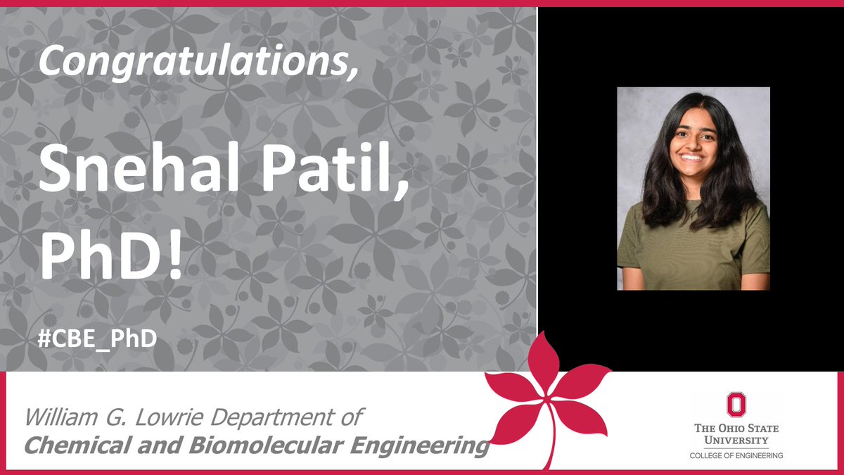 OhioState-CBE (@ohiostatecbe) on Twitter photo Congratulations to Snehal Patil, PhD who recently defended her dissertation! She worked under the mentorship of Department Chair Professor Umit Ozkan. <a href="/UmitOzkan_OSU/">Umit Ozkan</a> #CBE_PhD Congratulations to Snehal Patil, PhD who recently defended her dissertation! She worked under the mentorship of Department Chair Professor Umit Ozkan. <a href="/UmitOzkan_OSU/">Umit Ozkan</a> #CBE_PhD