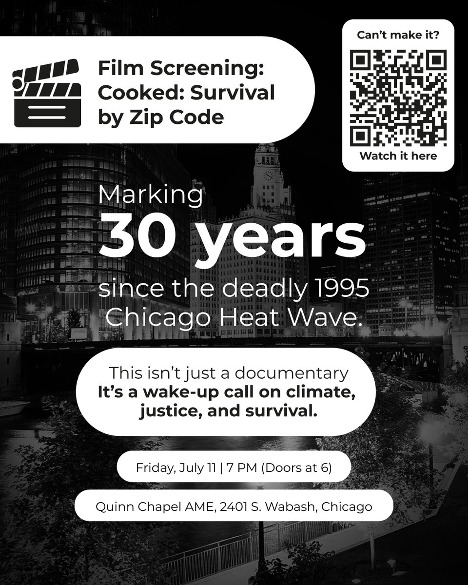 Join us for a powerful night of reflection and action.🙌
🎬 Cooked: Survival by Zip Code

Let’s honor the past and work toward a more prepared, just, and resilient Chicago.✨

Can’t attend in person? Watch the film online here:
👉bit.ly/3Giqb3l

#ChicagoHeatWave