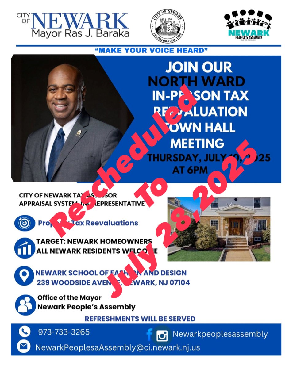 CityofNewarkNJ's tweet image. ‼️Today's North Ward Tax Reevaluation Town Hall has been rescheduled due to school programming and lack of air conditioning. ‼️
We remain committed to hearing and addressing resident concerns. New date is Mon, July 28.
Thank you for your understanding and continued engagement.