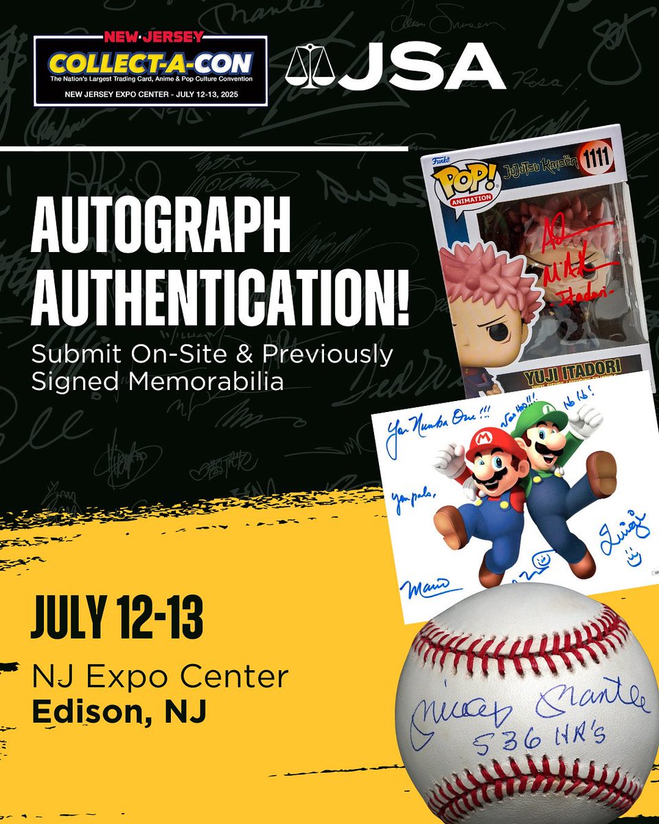 JSA - James Spence Authentication (@jsaloa) on Twitter photo #JSA will be on-site at <a href="/Collect_A_Con/">Collect-A-Con</a> #NewJersey this weekend authenticating items signed from the show or previously signed items brought from home.
$12/autograph certification for any item signed at #collectacon Bring your collectible to the JSA table after getting it signed. #JSA will be on-site at <a href="/Collect_A_Con/">Collect-A-Con</a> #NewJersey this weekend authenticating items signed from the show or previously signed items brought from home.
$12/autograph certification for any item signed at #collectacon Bring your collectible to the JSA table after getting it signed.