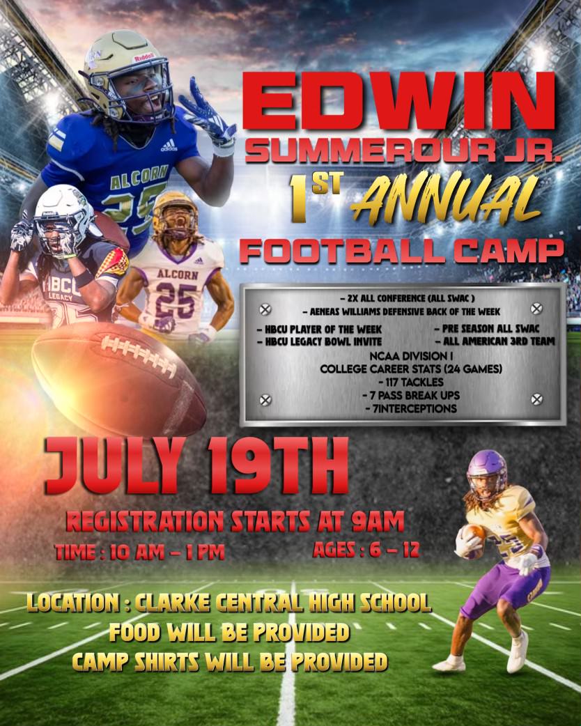 Clarke Central Gladiators Football (@ccgladsfootball) on Twitter photo FREE Summer Football Camp!
Don’t miss the chance to train with Gladiator Football Alumni, Edwin Summerour Jr!
Billy Henderson Stadium
7/19/25
10:00 AM – 1:00 PM
Who: Ages 5–12
FREE lunch & camp t-shirt included!
Email EdwinSummerour27@gmail.com to reserve your spot today! FREE Summer Football Camp!
Don’t miss the chance to train with Gladiator Football Alumni, Edwin Summerour Jr!
Billy Henderson Stadium
7/19/25
10:00 AM – 1:00 PM
Who: Ages 5–12
FREE lunch & camp t-shirt included!
Email EdwinSummerour27@gmail.com to reserve your spot today!