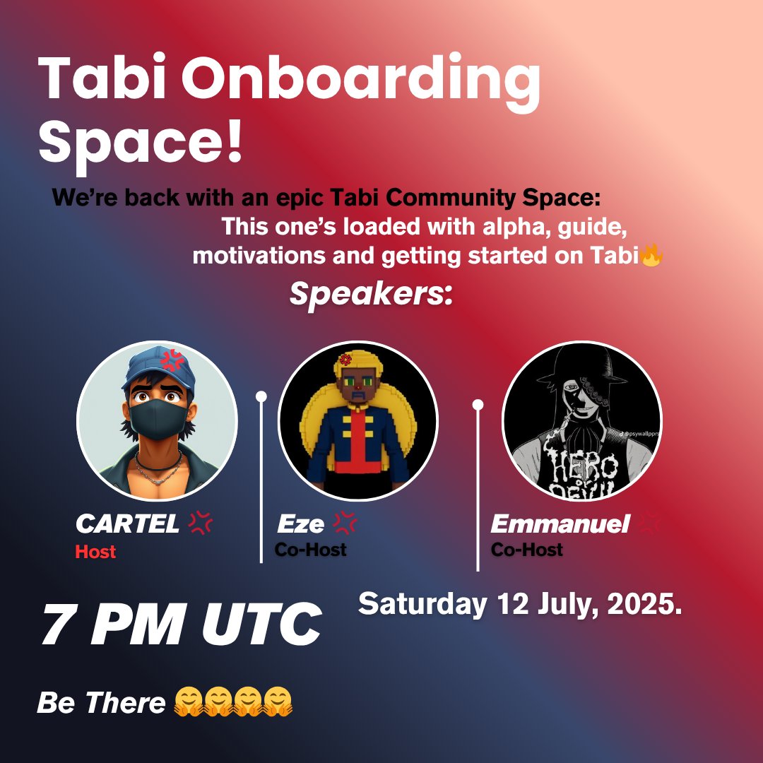 🎙️ Tabi SBT Onboarding Space 🧬
Hosted by me + Tabi OGs <a href="/0xEze_/">Eze • The Scribe 💢</a>
&amp; <a href="/emma_web_3/">Emma💢</a>

📌 Known more about <a href="/Tabichain/">Tabi 💢</a> | Learn what the SBT campaign is &amp; how to earn yours

🗓️ July 12 | 19:00 UTC

Pull up &amp; rep your Web3 identity 💡

      gTabi To All <a href="/Tabizens/">Tabizen💢🏯</a> 

#TabiChain #SBT #Tabizen