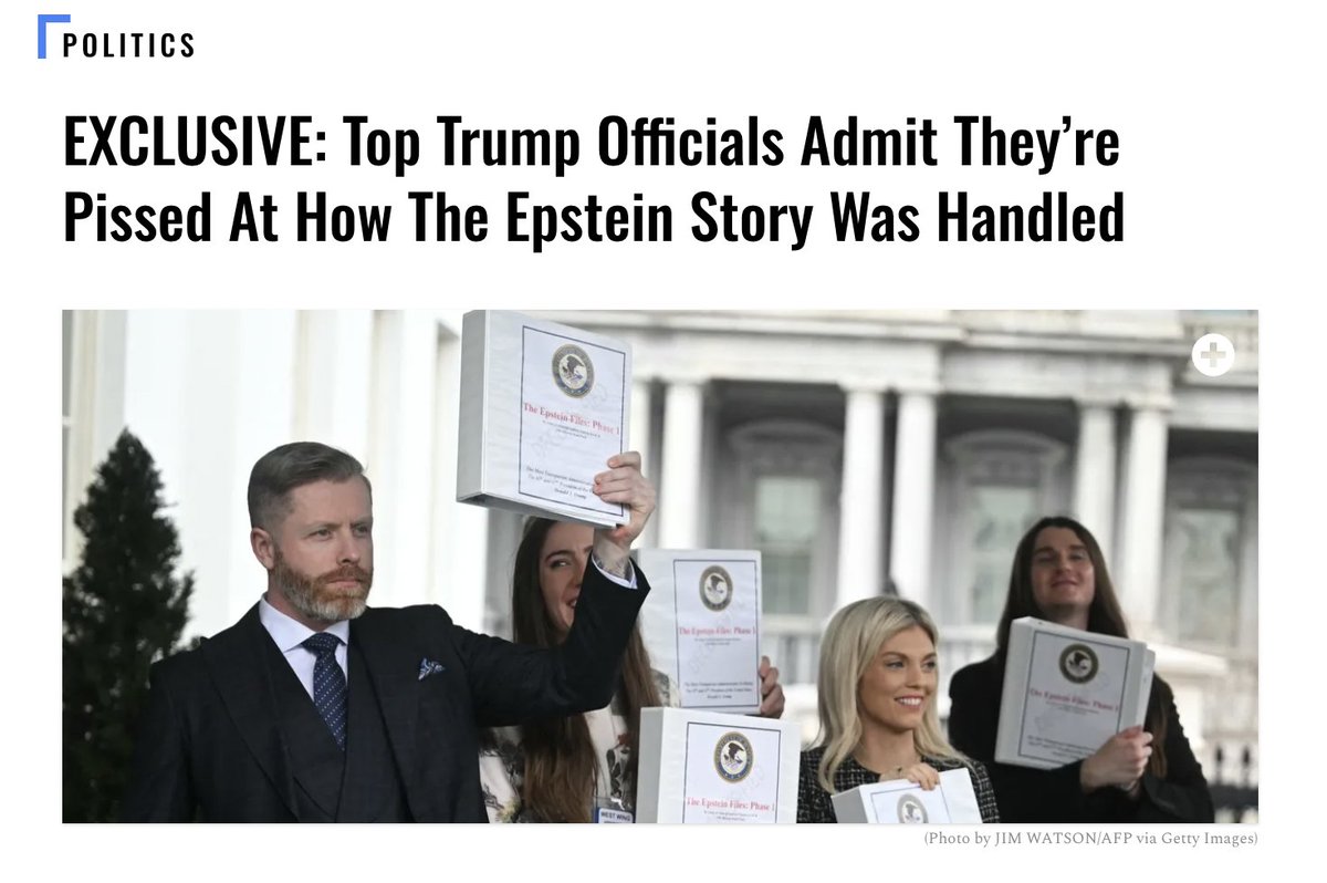 NEW on the Epstein Files fallout, per admin sources: 

 - Bondi did have a tranche of Epstein-related docs on her desk when saying she was looking at a "client list" but she hadn't reviewed what she had yet.

- The "Epstein Files: Phase One" binders were a mistake, and the admin