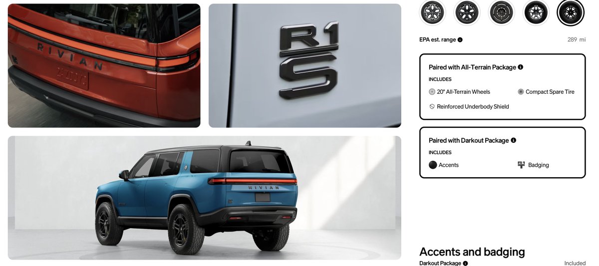 TravisKetchum's tweet image. All new @Rivian custom orders come with NACS standard (aka 2026 model year).
Also if you select any of the dark wheels on a dual-motor large/max it bundles it with the darkout package upgrade.
I find it a bit ironic that darkout showcase uses Limestone. RIP.