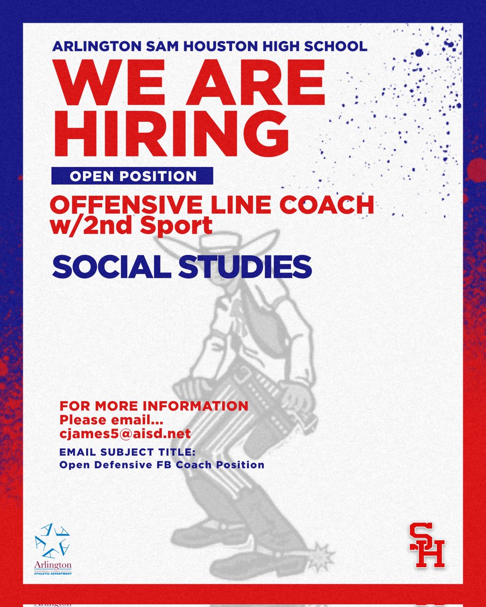 Great opportunity with <a href="/SamHoustonHS/">Sam Houston HS</a> Football program 
<a href="/AISD_ATH/">Arlington ISD Athletics</a>