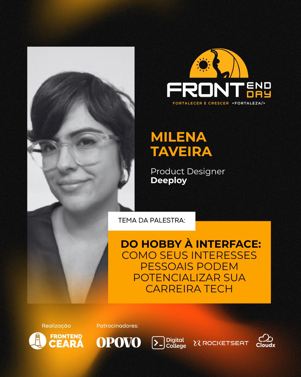 frontendcee's tweet image. 🎤 Confirmada no #FrontEndDay2025!
Milena Taveira (Product Designer na Deeploy) vai falar sobre como seus hobbies podem impulsionar sua carreira tech.
🧠 “Do hobby à interface” promete abrir sua mente!
📍 Fortaleza | 🗓 20/09
🎟 frontendday.com.br
#UXDesign #FrontendCE