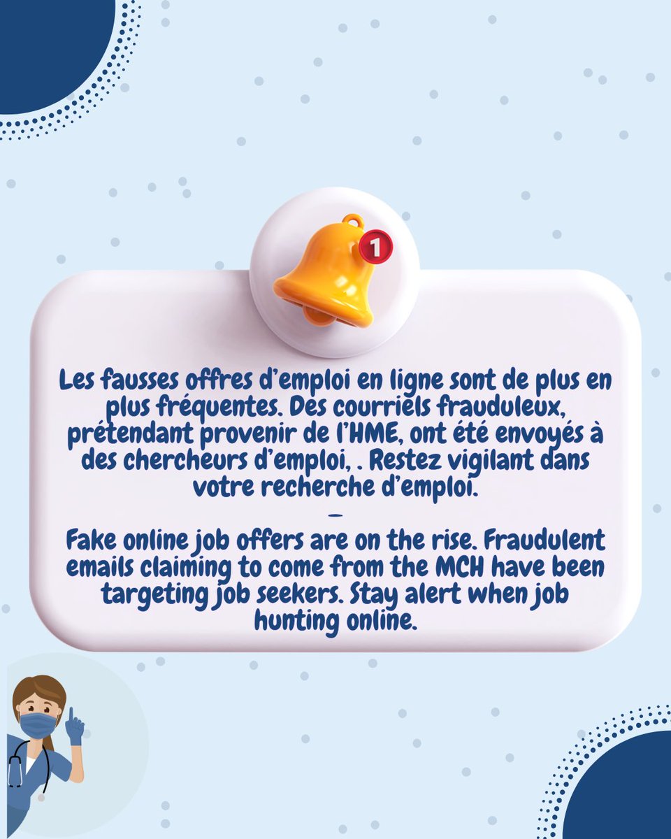 Arnaques liées aux offres d’emploi en ligne 🏥 💼

Les fausses offres d’emploi en ligne sont de plus en plus fréquentes. Des courriels frauduleux, prétendant provenir de l’@hme_mch, ont été envoyés à des chercheurs d’emploi, souvent à l’étranger. Ces arnaques peuvent aussi