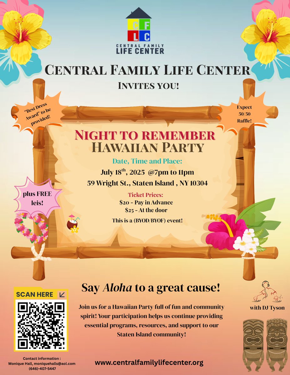 🌺 You're invited to a Night to Remember Hawaiian Party!

🗓️ July 18 | 🕖 7–11PM
📍 59 Wright St, #StatenIsland, NY 10304
🌴 Tropical vibes 🎶 Great company 🥳 BYO food &amp; drink 🍽🍹
🌺 Wear your favorite Hawaiian attire!
🤙 Let’s make it a night to remember!