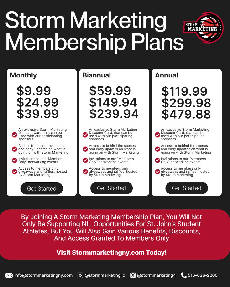 StormMarketing4's tweet image. Help support St. John’s University Student Athletes by purchasing a Storm Marketing Membership Plan
Visit Stormmarketingny.com today!
Have a question about our Membership Plans? Contact us at info@stormmarketingny.com or (516) 636-2200
#StJohns #RedStorm #WeAreNewYorksTeam…