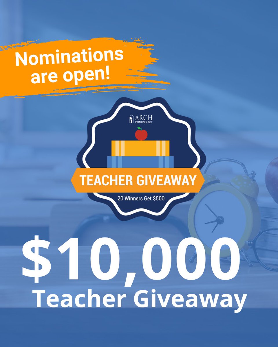 ArchPainting's tweet image. Teacher Nominations are NOW OPEN! Know an amazing educator who deserves a little extra this school year? Nominate them today for a chance to win classroom supplies and support! 🍎✨ Submit your nomination here: archpainting.com/teachers/