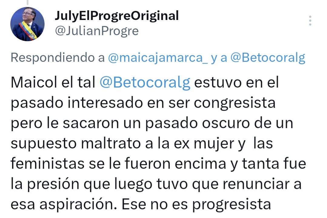 Maicol Cajamarca (@maicajamarca_) on Twitter photo Recuerdo cuando <a href="/Betocoralg/">Beto Coral</a> me tildó de "machista" porque le dije niñita a una niña.
Y miren lo que nos cuenta el compañero <a href="/JulianProgre/">JulyElProgreOriginal</a>.
¡Son de una doble moral impresionante estos tibios degenerados! Recuerdo cuando <a href="/Betocoralg/">Beto Coral</a> me tildó de "machista" porque le dije niñita a una niña.
Y miren lo que nos cuenta el compañero <a href="/JulianProgre/">JulyElProgreOriginal</a>.
¡Son de una doble moral impresionante estos tibios degenerados!