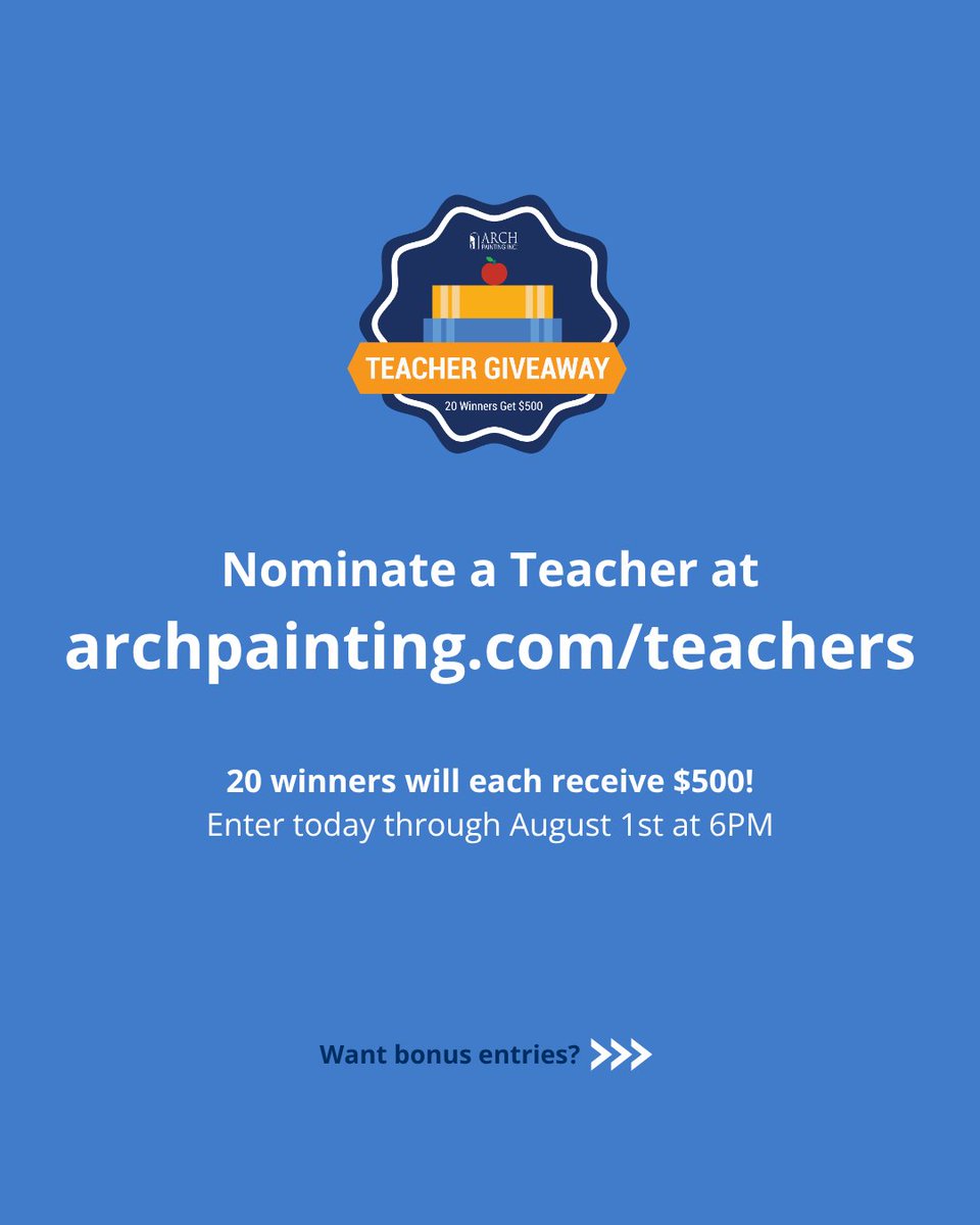 ArchPainting's tweet image. Teacher Nominations are NOW OPEN! Know an amazing educator who deserves a little extra this school year? Nominate them today for a chance to win classroom supplies and support! 🍎✨ Submit your nomination here: archpainting.com/teachers/
