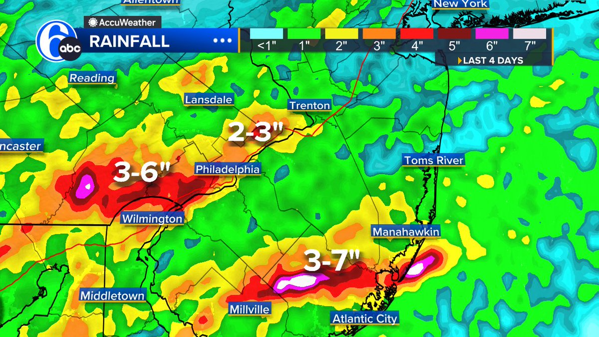 RAINFALL TOTALS
For the week are approaching half a foot in some locations.  One hot spot was in Chester, Delaware and northern New Castle Counties.  The other has been in northern Cumberland over into northwestern Atlantic Counties.  Flash flooding has occurred in these areas.