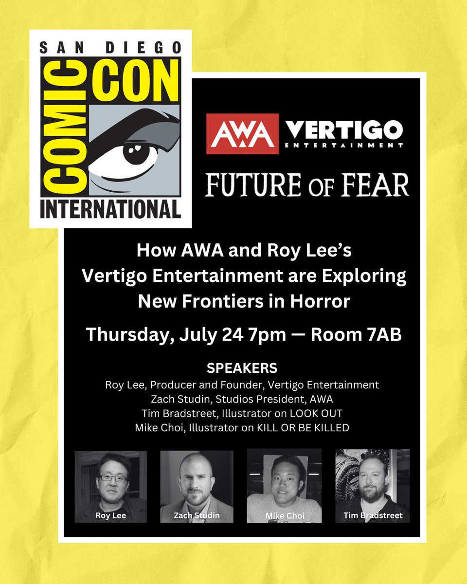 AWA_Studios's tweet image. Join us at San Diego Comic-Con for THE FUTURE OF FEAR: How AWA and Roy Lee’s Vertigo Entertainment are Exploring New Frontiers in Horror — a chilling panel diving deep into the stories that will haunt you long after the lights go out.
Featuring horror icon Roy Lee, AWA Studios…