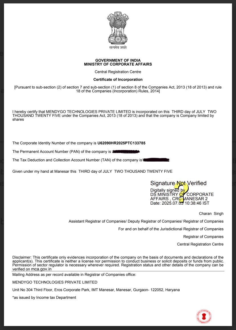 sourxvgo's tweet image. ✅ Excited to share that Mendygo Technologies Private Limited is now officially incorporated in India! 🇮🇳✨
This is just our first step — we’re exploring global incorporation to expand our vision and impact worldwide.
#Mendygo #Incorporation #Growth #GlobalExpansion