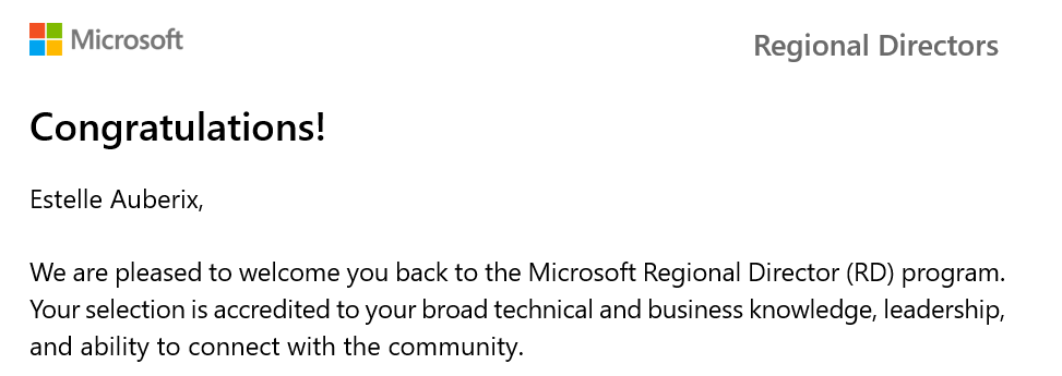Excited to share that I’ve been renewed as a Microsoft Regional Director!
Honored to keep contributing at the intersection of tech, business, and community.
Thank you, <a href="/Microsoft/">Microsoft</a>, for the continued trust! 💙
#MicrosoftRD #TechLeadership #CommunityImpact